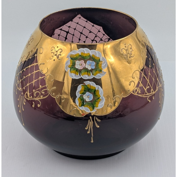 Large Bohemian Glass Bowl Purple Amethyst Gold Gilt Enameled Applied Flowers 7" - Picture 3 of 13